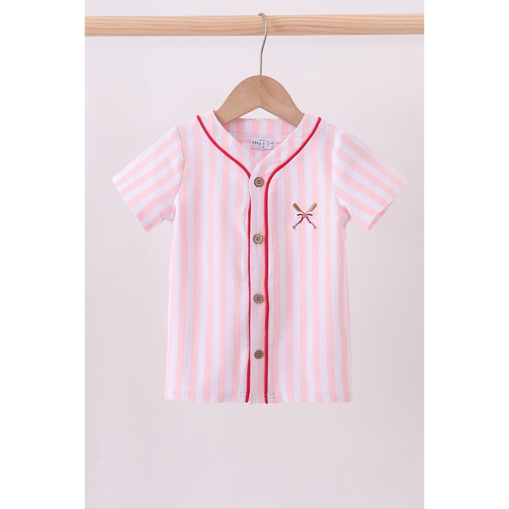 Abby & Evie Kids Pink Stripe Baseball Jersey Shirt Embroidered Bats Size 6 NEW‎